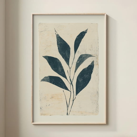 Modern Botanical Print Deep Blue And Cream Woodcut Leaves, Unframed Paper Print