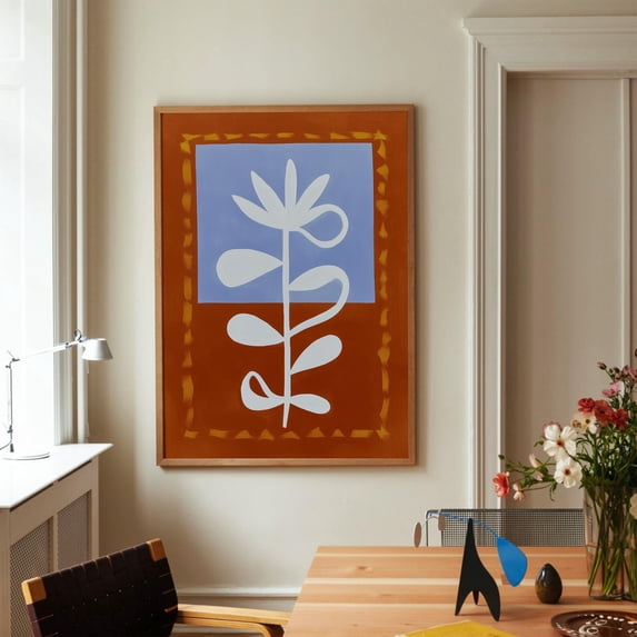 Modern Botanical Wall Art Print: Terracotta Blue Abstract Plant Poster, 32x48 UNFRAMED