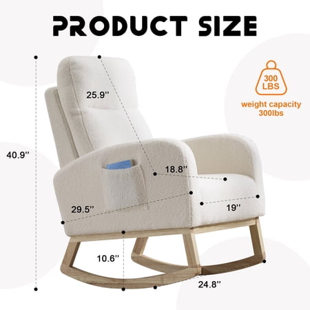 Modern Bouclé Rocking Chair for Nursery, Upholstered Glider Accent Chair with Wooden Base, High Back Support, Comfy Padded Seat, 300 lbs Capacity – Cream White