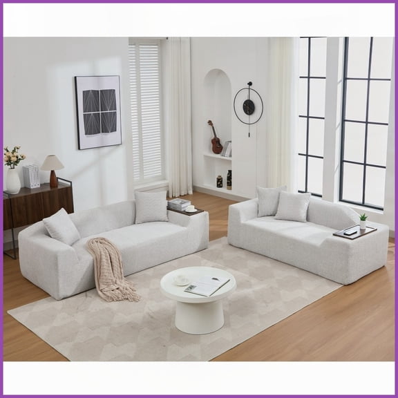 Modern Boucle 2-Piece Sofa Set: 3-Seater + 2-Seater with MDF End Tables for Living Room, Light Gray