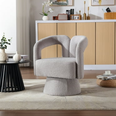 Modern Boucle Accent Chair, 360° Swivel Chair with Chic Hollow Backrest and Fluffy Fabric, Upholstered Barrel Accent Chair with Round Base, Comfy Arm Chair for Living Room, Bedroom, Office, Light Gray