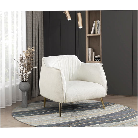 Modern Boucle Accent Chair with Gold Metal Legs, White Upholstered Armchair for Living Room, Bedroom