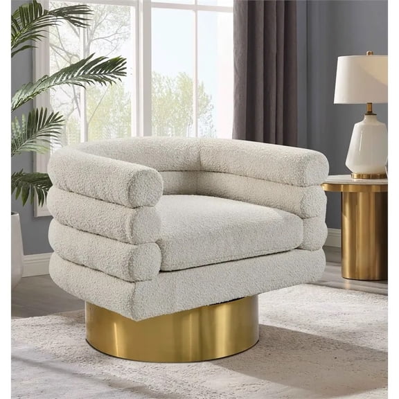 Modern Boucle Fabric Swivel Accent Chair, Unique Barrel Back Design, Gold Metal Base, Soft Upholstered Armchair, Cream
