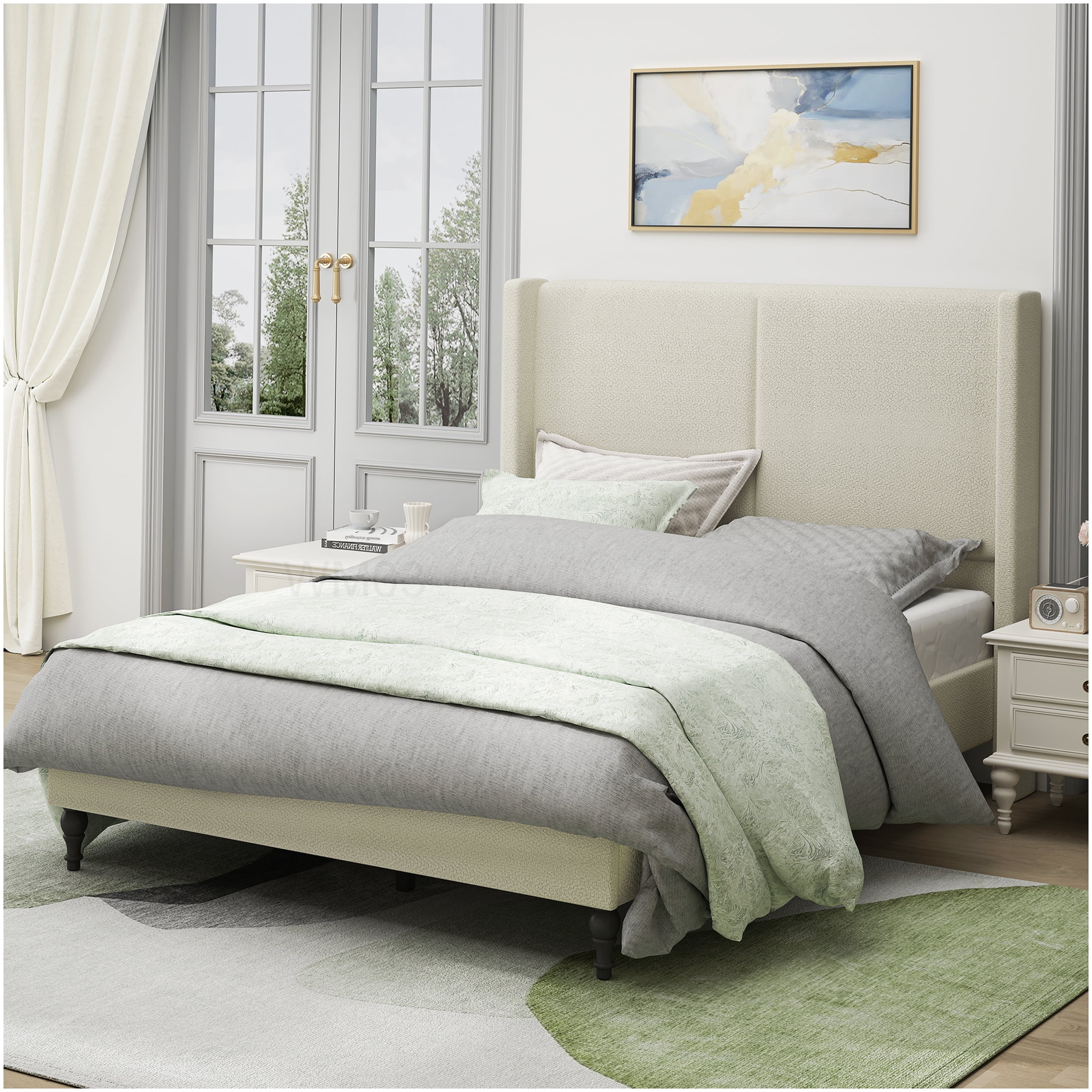 Modern Boucle Fabric Upholstered Bed Frame, Queen Size with High Headboard, No Box Spring Required