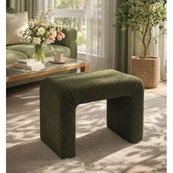 Modern Boucle Ottoman Footstool, 24" Arched Upholstered Vanity Stools, Small Foot Rest for Entryway, Living Room, Bedroom (Fully Assembled),Dark Green