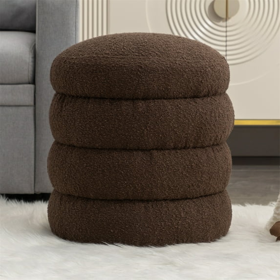 Modern Boucle Round Ottoman,Upholstered Foot Stools Ottoman, Vanity Chair for Makeup Room Bedroom Living Room (Brown)