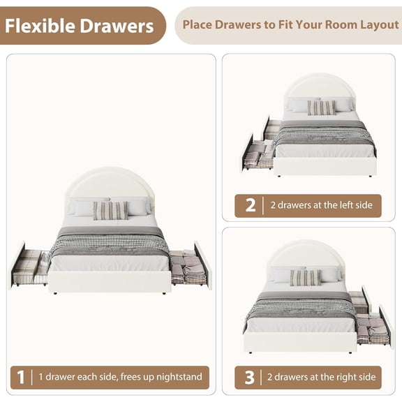 Modern Boucle Sherpa Upholstered Platform Bed Frame with 2 Storage Drawers – Features Round Soft Headboard, Wooden Slats, Noise-Free Design, No Box Spring Needed , Available in Twin, Full & Queen