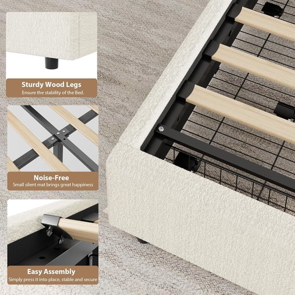 Modern Boucle Sherpa Upholstered Platform Bed Frame with 2 Storage Drawers – Features Round Soft Headboard, Wooden Slats, Noise-Free Design, No Box Spring Needed , Available in Twin, Full & Queen
