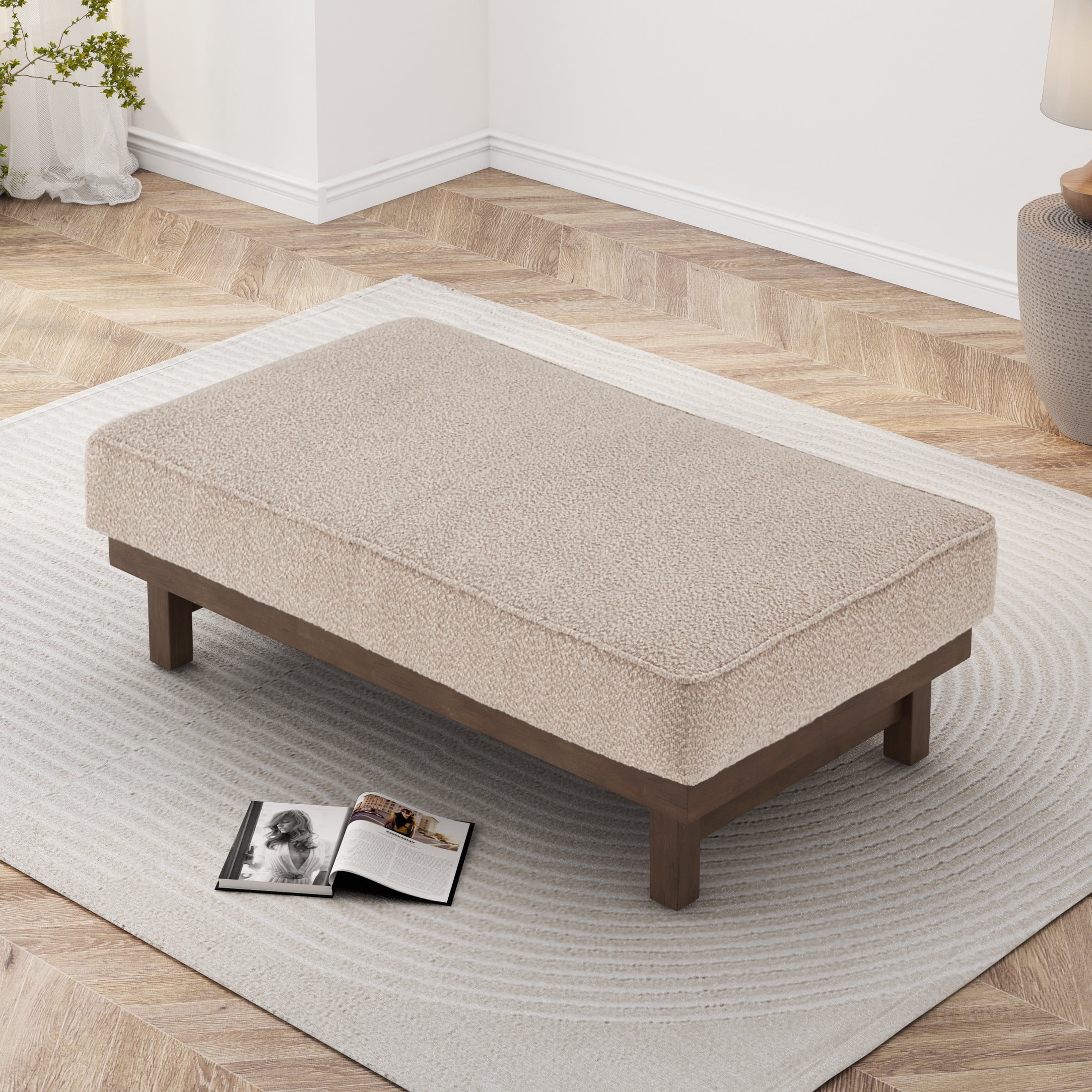 Modern Boucle Upholstered Cocktail Ottoman with Rubber Wood Legs, Light Brown