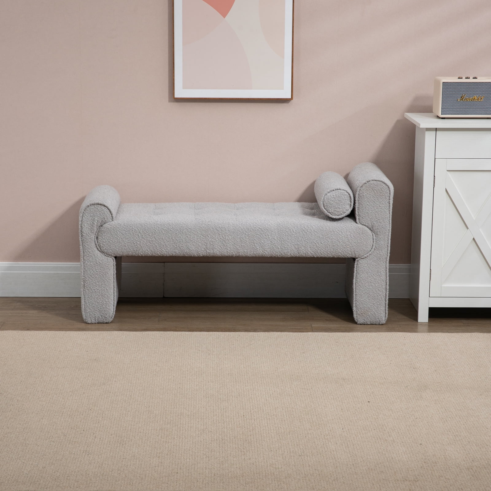 Round Pullover Bench Modern Boucle Upholstered Entryway Bench, Bedroom Bench with Plywood ...