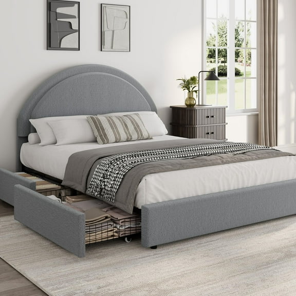 Modern Boucle Upholstered Platform Bed Frame with 2 Storage Drawers - Round Headboard - Heavy Duty Wooden Slats - Noise-Free - No Box Vernal Needed - Queen Size