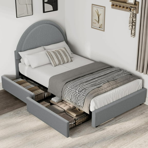 Modern Boucle Upholstered Platform Bed Frame with 2 Storage Drawers - Round Headboard - Heavy Duty Wooden Slats - Noise-Free Design - No Box Vernal Required - Twin Size, Light Grey