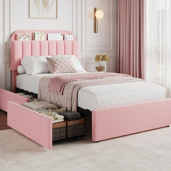 Modern Boucle Upholstered Platform Bed Frame with Storage Headboard, Bookcase & 2 Drawers, Noise-Free, No Box Springtime Needed, Easy Assembly - Bedroom Furniture