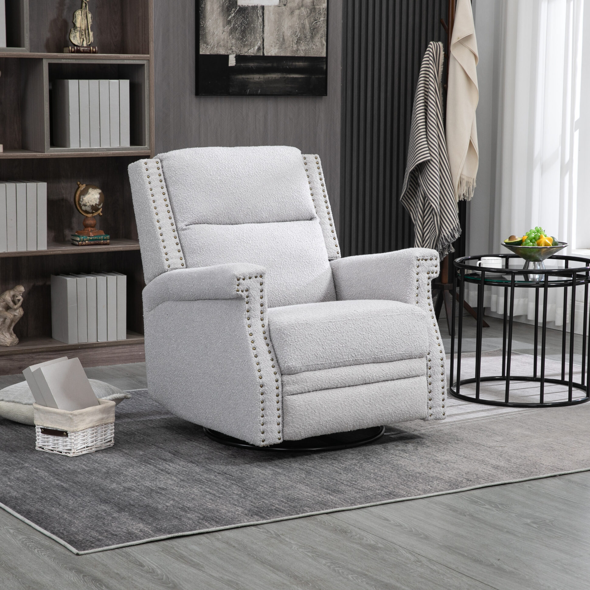 Modern Boucle Upholstered Swivel Recliner Chair with Adjustable Back ...