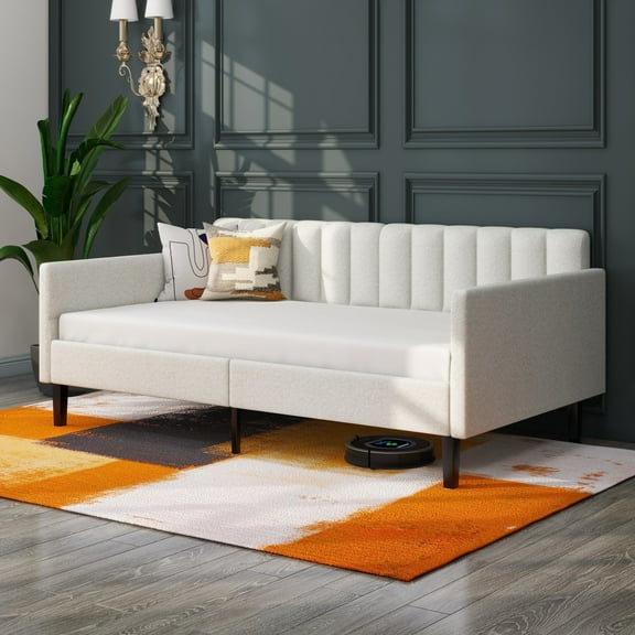 GDF Studio Luxurious Ivory Boucle Upholstered Modern Twin Daybed with Ribbed Tufted Backrest, without Mattress