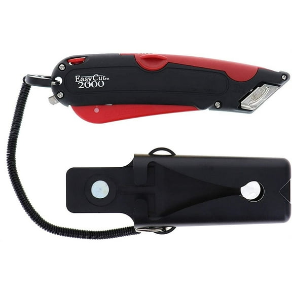 Modern Box Cutter, extra tape cutter at back, dual side edge guide, 3 blade depth setting, 2 blades and holster - Red Color 2000