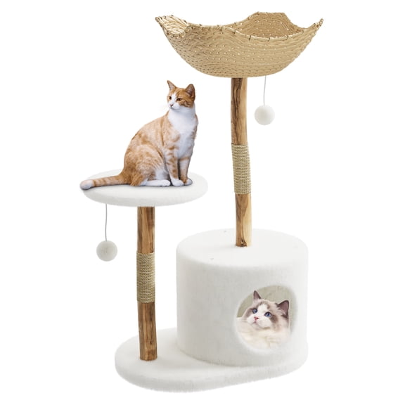 Modern Branch-Style Multi-Level Cat Tree with Hand-Woven Basket Bed, Natural Jute Scratching Posts, Plush Dangling Ball & Cat Condo, Indoor Cat Furniture for 1-3 Cats