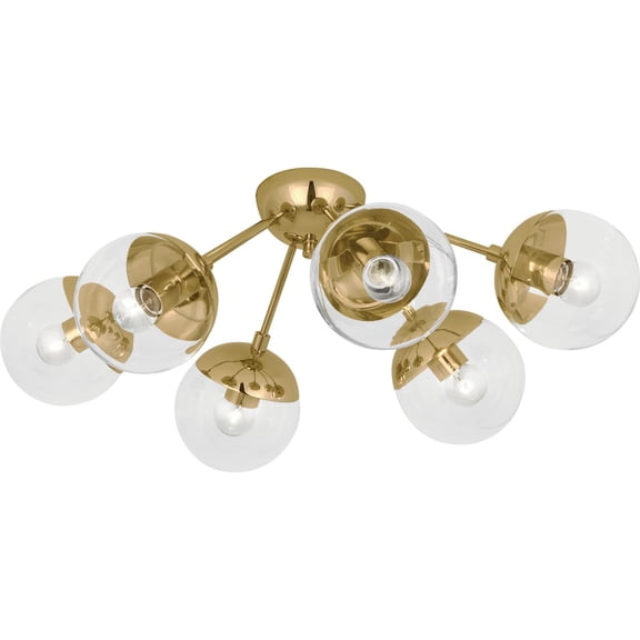 Modern Brass Flush Mount Lighting Fixture with Clear Glass Shade 6-Bulb, Contemporary Star Design for Indoor Use Ideal for Dry or Damp Locations