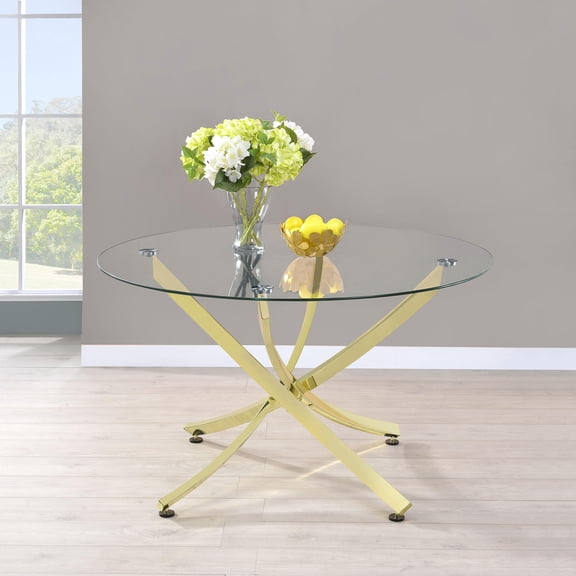 Modern Brass Glasstop Dining Table for Small Spaces, 46 Round Clear Glass and Metal Dining Table