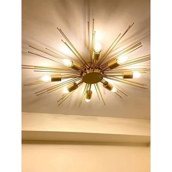 Modern Brass Handmade Large Mid Century Raw Brass Finish Sputnik Chandelier Flush Mount Ceiling Light Decor