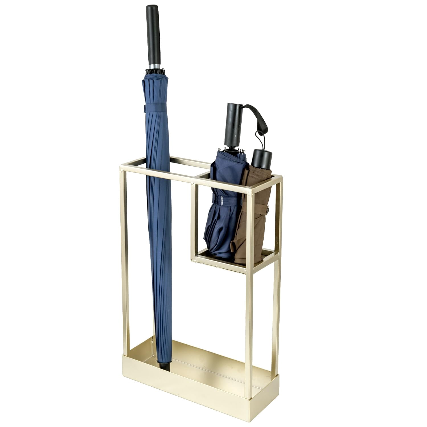 Modern Brass Tone Metal Entryway Umbrella Rack With Geometric Design  13 X 5-inch Wide Rectangular Freestanding Cane Holder Shelf For Small And Bottom Drip Catch Tray