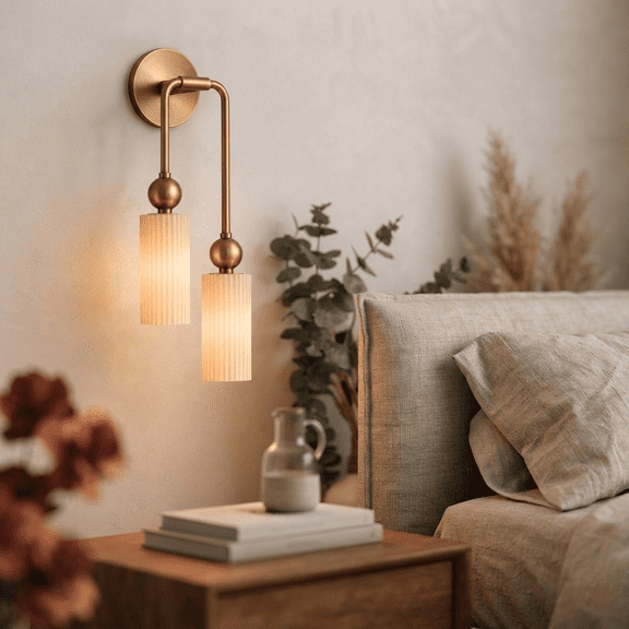 Modern Brass Wall Sconce, 2-Light Fluted Glass Cylinder Wall Lamp, Asymmetrical Vintage Fixture for Bedroom, Bathroom, Living Room