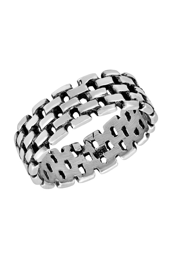 Modern Brick Pattern Stone Wall Sterling Silver Ring Band-9