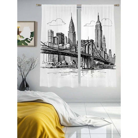 Modern Bridge Building Sketch Chiffon Sheer Curtains 63 Inches Long Monochrome Architecture Art Rod Pocket Window Curtains Voile Drapes Curtains for Living Room Bedroom,2 Panels
