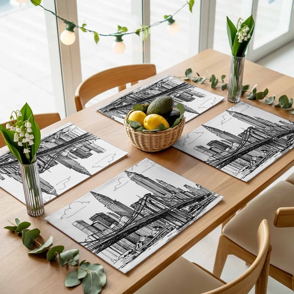 Modern Bridge Building Sketch Placemats Set of 4,Wipeable Washable Table Mats for Dining Tables, Monochrome Architecture Art Place Mats for Kitchen Event Party Tabletop Decor