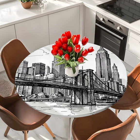 Modern Bridge Building Sketch Round Fitted Tablecloth with Elastic Edge,Waterproof Table Cloth Fits Tables Up to 36"-44",Wipeable Table Cover for Indoor Outdoor Dinning Party,Monochrome Architecture