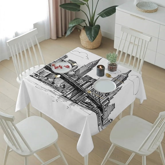 Modern Bridge Building Sketch Table Cloth 54x54in, Waterproof Square Tablecloth Wipeable Tablecloths Monochrome Architecture Art Table Covers for Dining Tables Party Indoor Outdoor