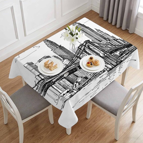 Modern Bridge Building Sketch Table Cloth 60x84in, Waterproof Rectangle Tablecloth Wipeable Tablecloths Monochrome Architecture Art Table Covers for Dining Tables Party Indoor Outdoor