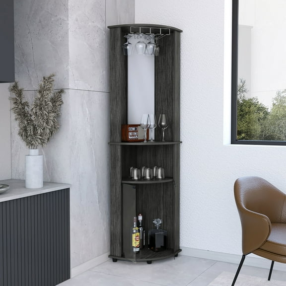 Modern Brown Bar Cabinet For Primary Living Space With Double Glass Doors And Shelves Engineered Wood Corner Cabinet, Brown, Elegant Door