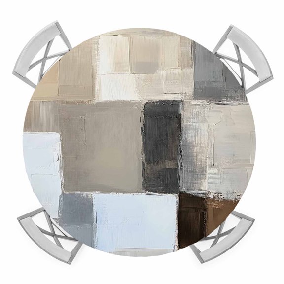 Modern Brown Beige Round Tablecloth for 36-44 Inch Tables, Fitted Table Cover with Elastic Edge, Grey White Color Blocks Waterproof Outdoor Table Cloth Protector for Patio Garden Dinner Picnic