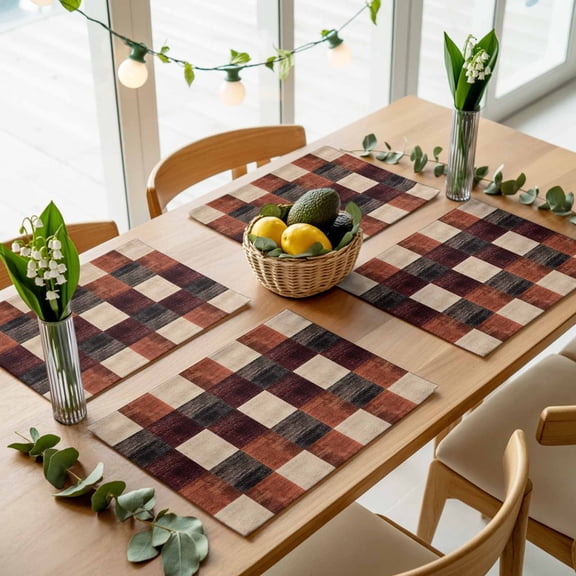 Modern Brown Beige Square Placemats Set of 4,Wipeable Washable Table Mats for Dining Tables, Vintage Boho Abstract Art Place Mats for Kitchen Event Party Tabletop Decor