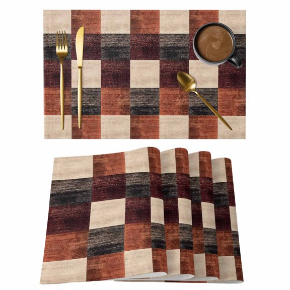 Modern Brown Beige Square Placemats Set of 6,Wipeable Washable Table Mats for Dining Tables, Vintage Boho Abstract Art Place Mats for Kitchen Event Party Tabletop Decor