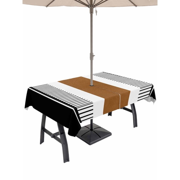 Modern Brown Black Table Cloth Rectangle Outdoor Tablecloth, Boho Contemporary Geometric Striped Waterproof Table Cover with Umbrella Hole and Zipper for Party/Dining/Patio/Wedding 60x84 Inch