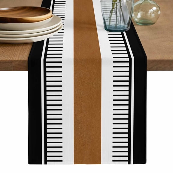 Modern Brown Black Table Runner, Boho Contemporary Geometric Striped Washable Cotton Linen Table Runners 60 Inches Long, Dresser Scarf Runner for Coffee/TV Stands/Kitchen/Cabinets 13''x60''