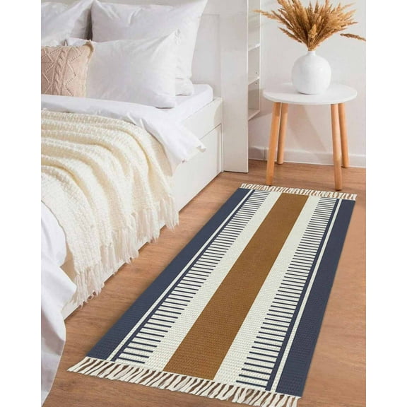 Modern Brown Blue Hallway Runner Rug 2x6ft,Boho Contemporary Geometric Striped Washable Woven Living Room Bedroom Kitchen Bathrom Carpet with Tassels,Indoor Outdoor Throw Door Mat for Entryway