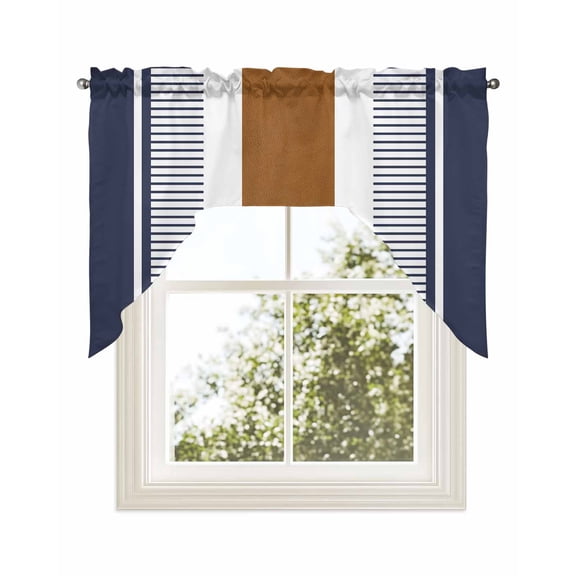 Modern Brown Blue Kitchen Curtains Swag Valance for Windows/Bathroom/Cafe, Boho Contemporary Geometric Striped Rod Pocket Drape Panel Swag Curtains Valance for Bedroom/Living Room 56"x36"