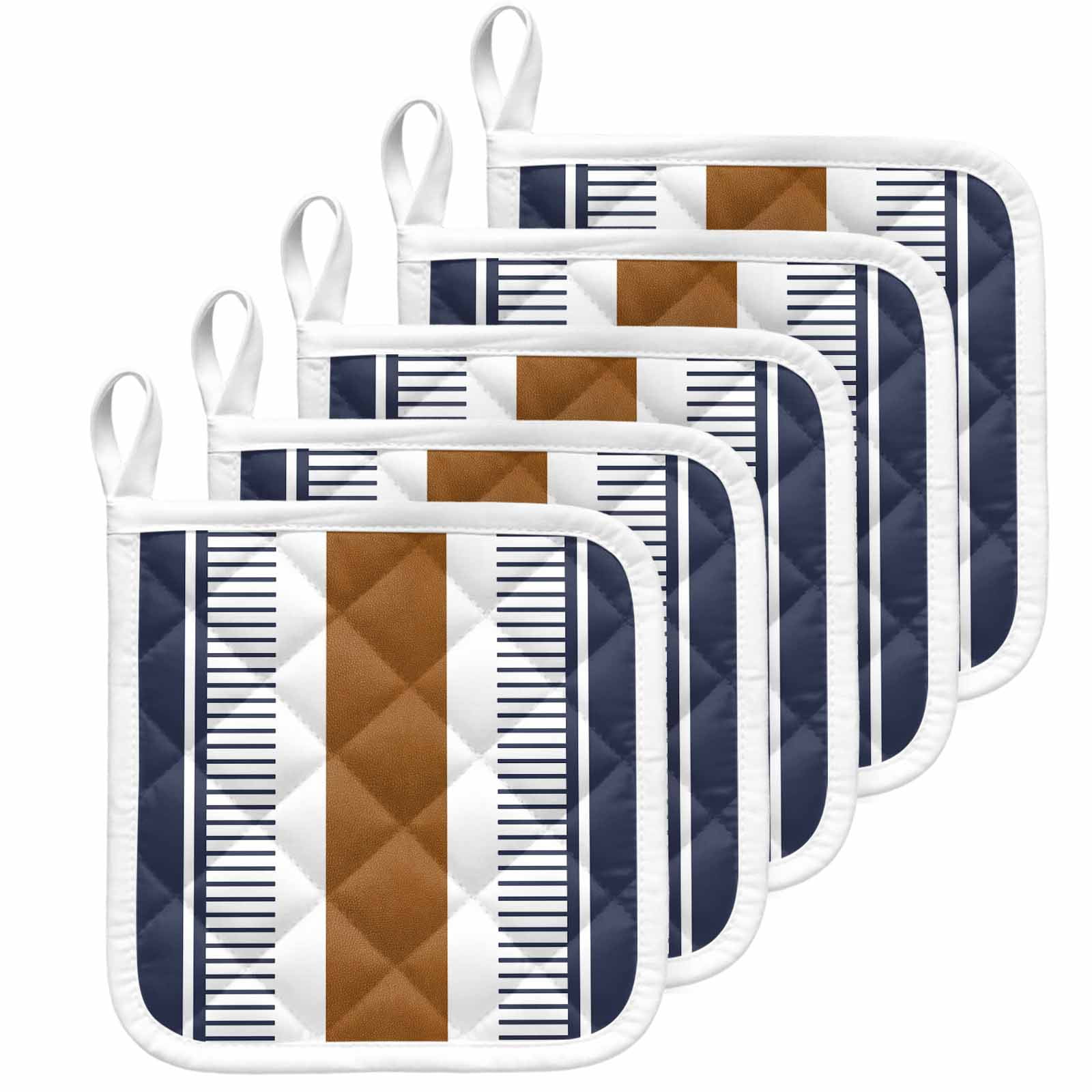 Modern Brown Blue Pot Holders for Kitchen Heatproof Potholder, 5 Pack Boho Contemporary Geometric Striped Hot Pads Multipurpose Oven Pads Cloth Potholders Trivet for Cooking Baking