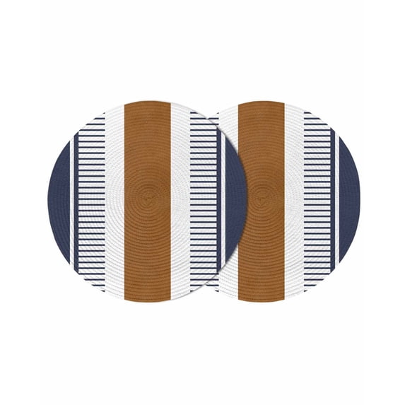 Modern Brown Blue Round 15 Inch Placemats Set of 2, Boho Contemporary Geometric Striped HeatResistant Non Slip Place Mats for Dining Table, Wipeable Braided Kitchen Table Mats for Housewarming