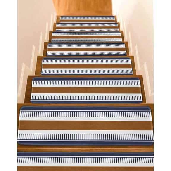 Modern Brown Blue Stair Treads for Wooden Steps Indoor Runner Rug Carpet, Boho Contemporary Geometric Striped 7 Pieces Peel and Stick Staircase Step Treads Covers Washable Throw Door Mats, 30"x8"