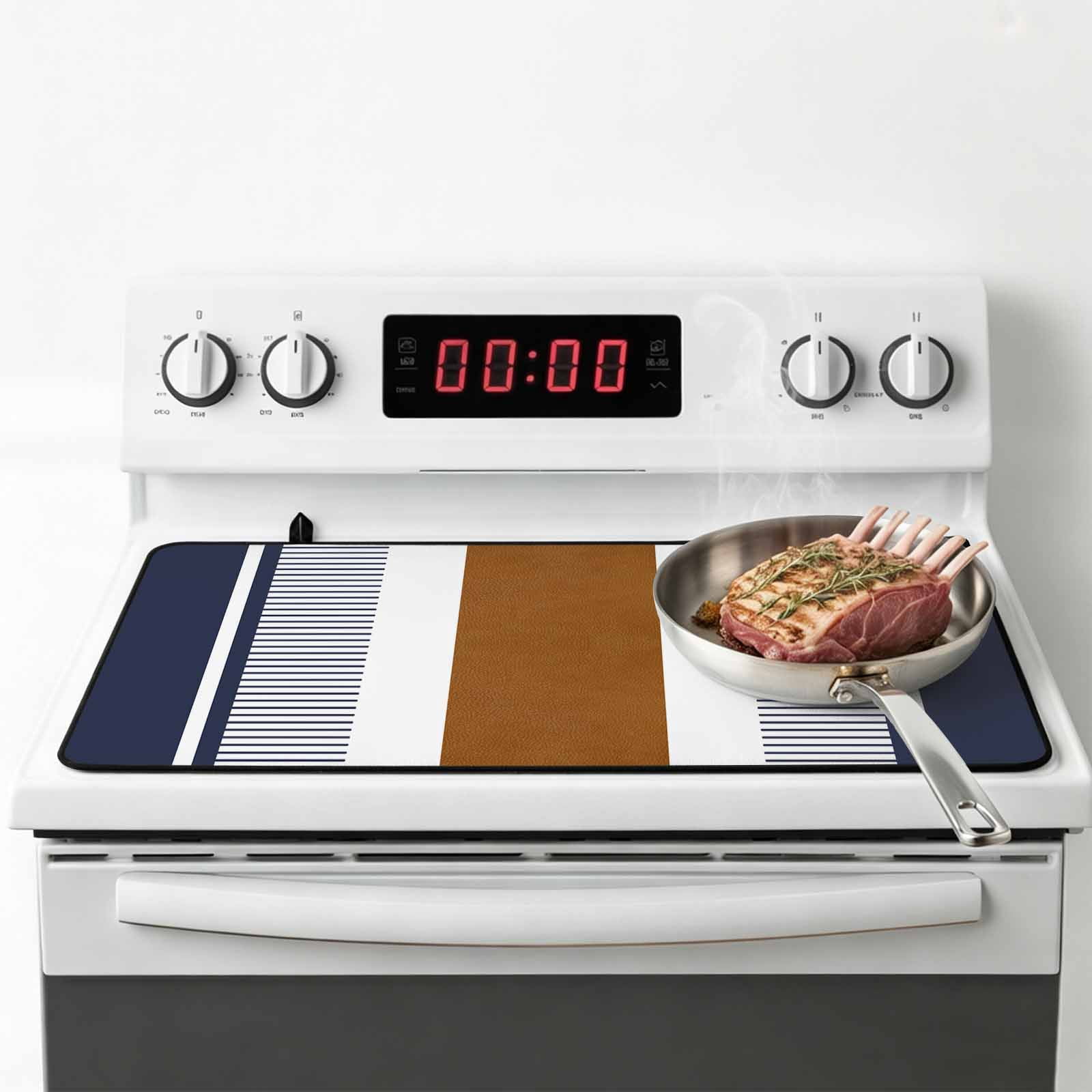 Modern Brown Blue Stove Top Cover for Electric Stove, Heat-proof & Non Slip Glass Top Stove Cover Protector, Boho Contemporary Geometric Striped Kitchen Flat Cooktop Rubber Mat 31x24 Inches