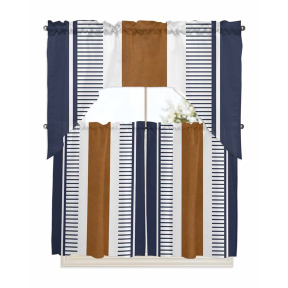 Modern Brown Blue Swag Valance and Tier Curtains 36'' Length Set, Boho Contemporary Geometric Striped Light Filtering Kitchen Curtains, Tier Curtain Valances for Bathroom/Living Room/Bedroom/Café