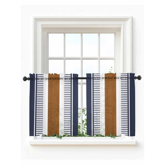 Modern Brown Blue Tier Curtains 36 Inch Length,Sheer Curtains for Bedroom Living Room Window Boho Contemporary Geometric Striped Voile Drapes Kitchen Curtains Small Half Window 27.5"x36" 2 Panels