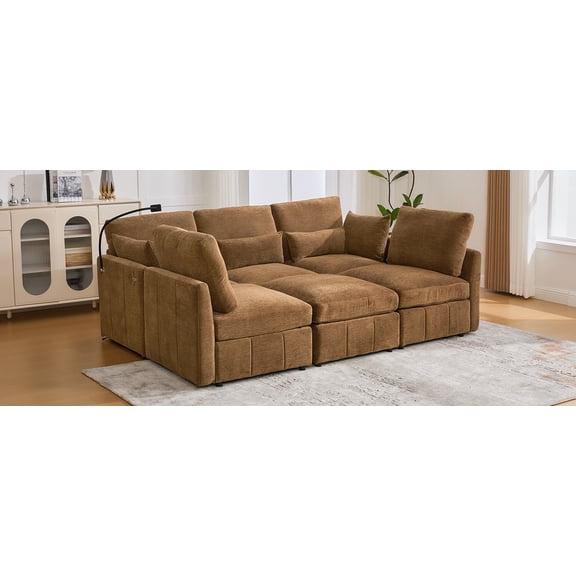 Modern Brown Chenille Sectional Sofa, 85.4" U-Shape Modular Couch with Ottoman, 2 USB Ports & Phone Holder for Living Room Comfort