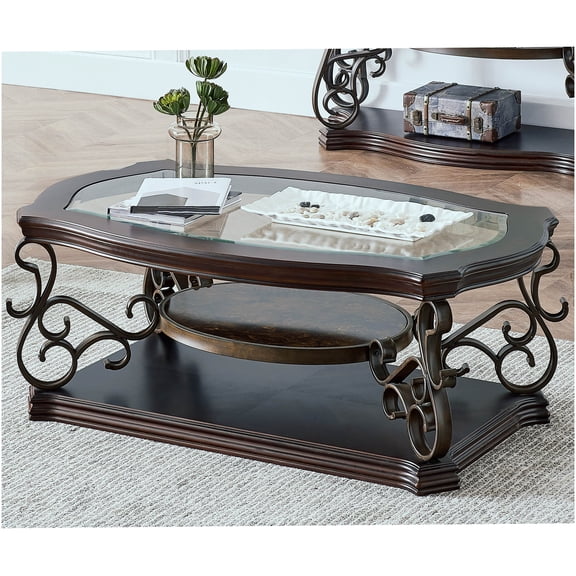 Modern Brown Cocktail Table with Tempered Glass Top and Marble Paper Shelf, Sofa Table for Living Room