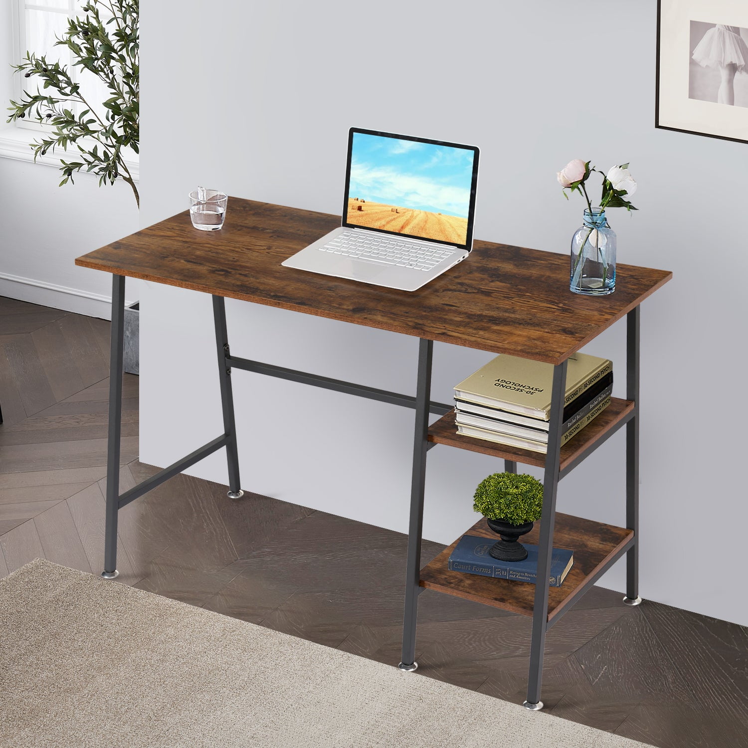 Modern Brown Computer Desk with 2-Tier Removable Storage Shelves ...
