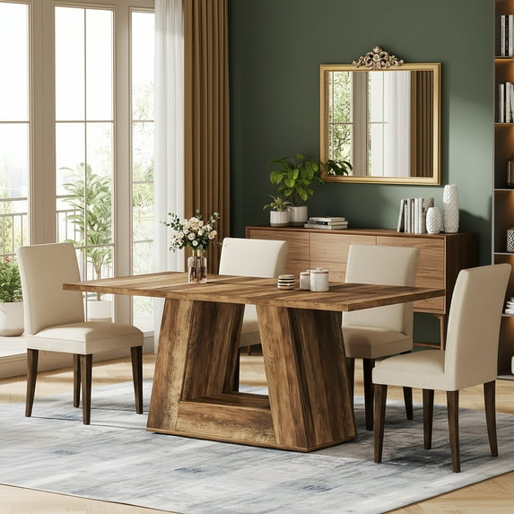 Modern Brown Faux Marble Dining Table, 63" Rectangular 4-6 Seater Wood Table with Sturdy Base, Kitchen Living Room Dinner Table